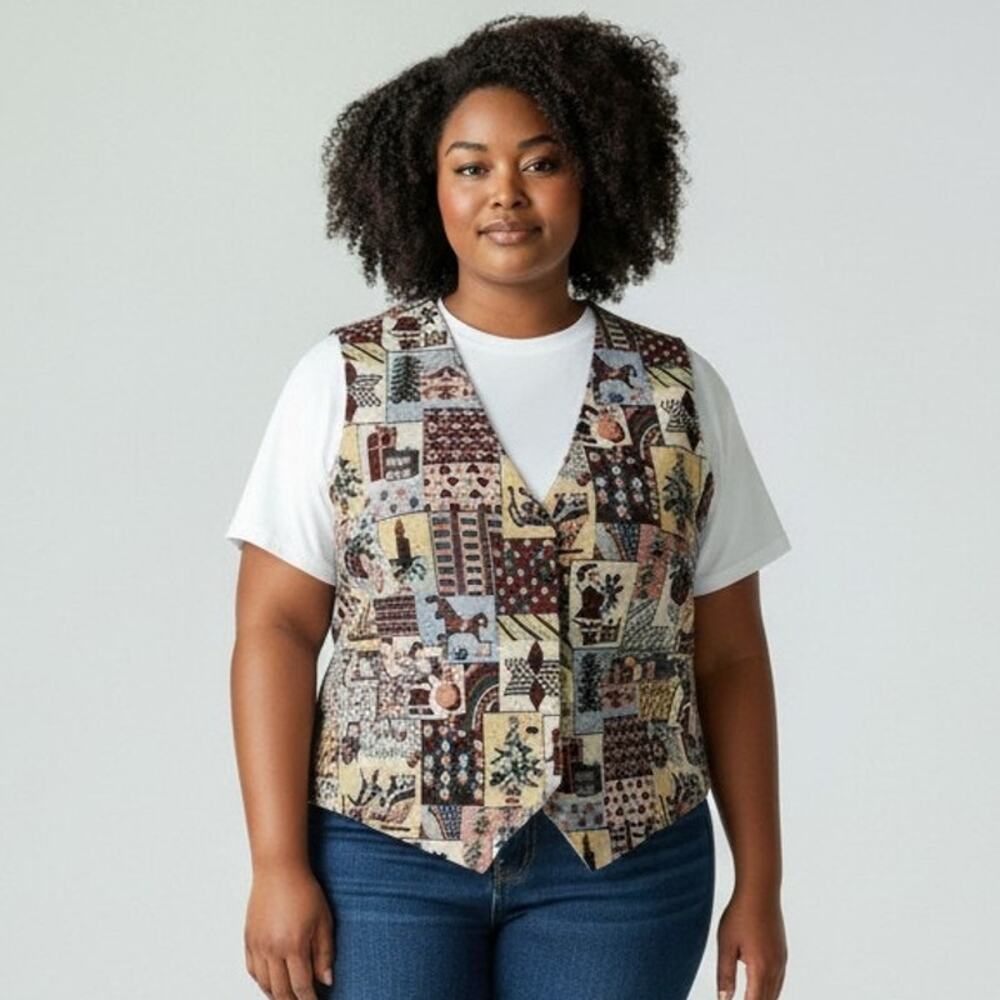 Vintage Bobbie Brooks Womens XL Christmas Tapestry Vest Santa Presents Holiday